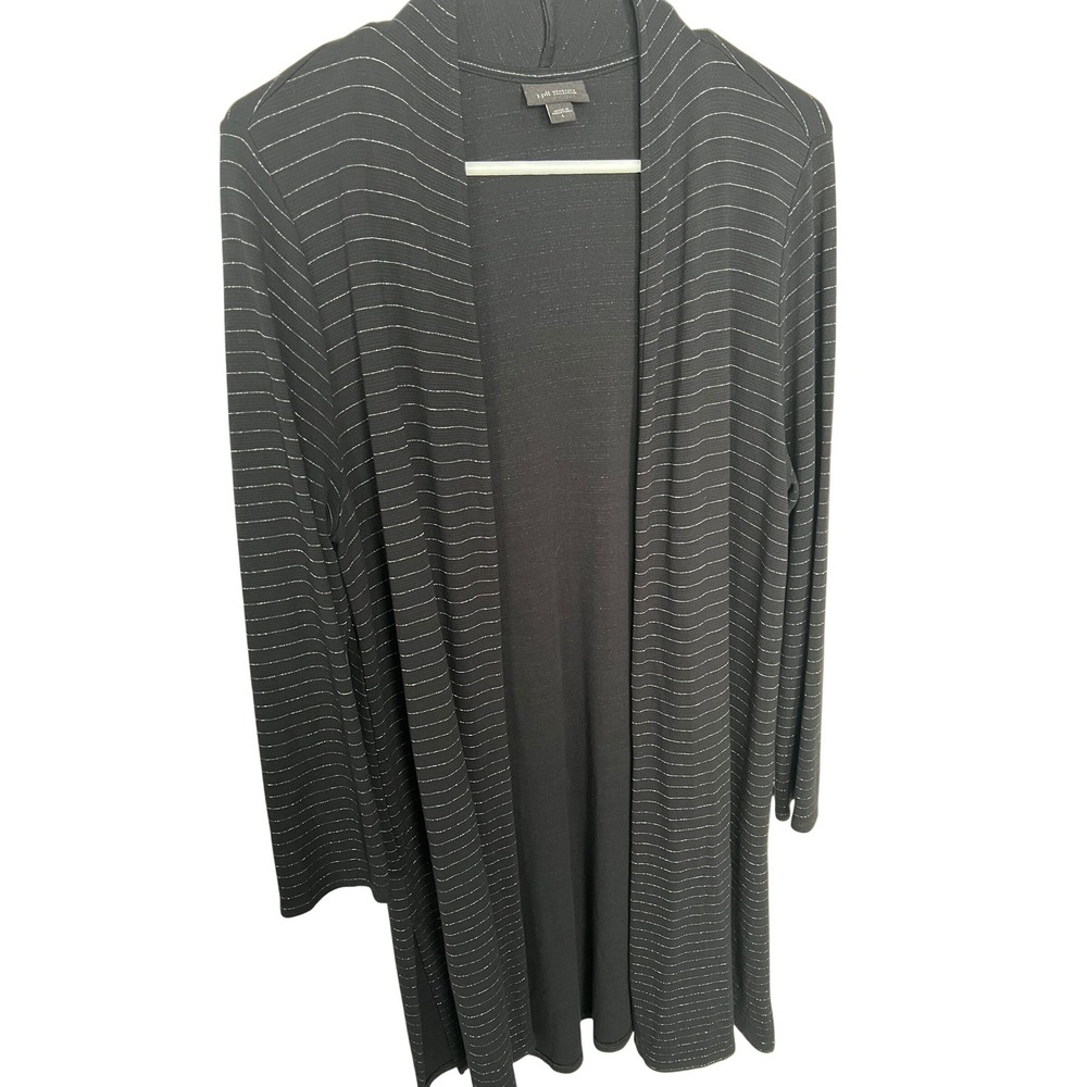 J. Jill Wearever Women's Large Cardigan Black‎ Silver Metallic Stripe Open Front